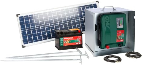 AKO Starterset Mobil Power AN 6000 inkl. 25 Watt Solarmodul und Solar-Laderegler, Weidezaungerät, Elektrozaun-Starterset, Input 7,5 J, Tierhalter