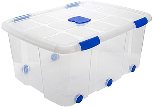 Acan - Caja de plástico transparente de 32,5 x 77 x 59 cm, con capacidad de 100 litros, Contenedor de plástico para almacenamiento con tapa y ruedas. (Con ruedas, 100 L)