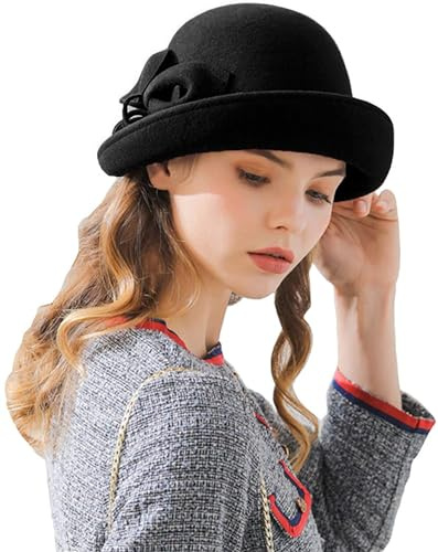 RZTA Damen Vintage 100% Wollfilz Glocke Eimer Bowler Hut Winter Vintage Schleife Fedoras Kirche Derby Fascinator Hut, A03-schwarz, Einheitsgröße