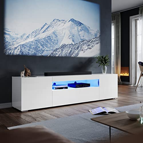 ELEGANT Modern LED TV Unit White, 200cm TV Stand Cabinet with RGB Lights