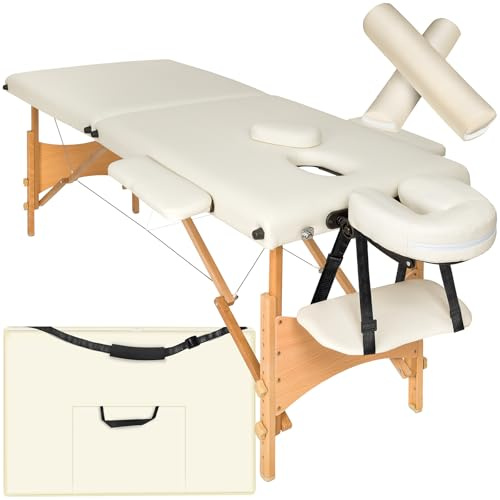 tectake® Table de Massage Pliante Professionnelle 2 Zones Ergonomique Massage et Relaxation Bois Table Esthetique Professionnel Lit de Massage Portable, Accessoires & Housse de Transport - Beige