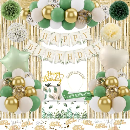 Geburtstagsparty-Dekorationen für Mädchen und Frauen, salbeigrün goldene Luftballons, Happy Birthday Banner, Tiara Schärpe, Papier-Pompon, Vorhangfolie, Tischdecke, Latex-Konfetti-Ballons, Party-Deko