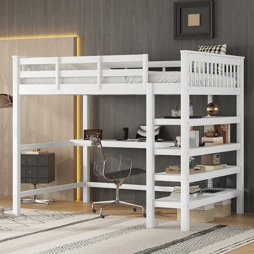 Dolamaní Hochbett 140x200cm mit Ablagefächern und einem integrierten Schreibtisch, aus Hochwertigem Massivem Kiefernholz und MDF gefertigt, inklusive Lattenrost (Weiß-A, 140 * 200)