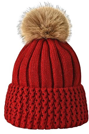 Mütze Damen Herren Norweger Mütze Bommelmütze Unisex Wintermütze Dick Gefüttert Warm mit Kunstfell Bommel Slouch Strick Beanie