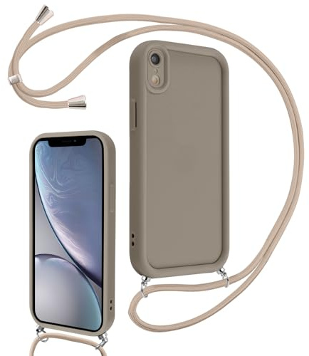 Coalbooliy Handyband für iPhone XR Hülle 6,1 mit Band, Handyhülle Kameraschutz Weiches Silikon Necklace Stoßfeste Schutzhülle mit Kordel zum Umhängen Cover für Mädchen Frauen, Khaki