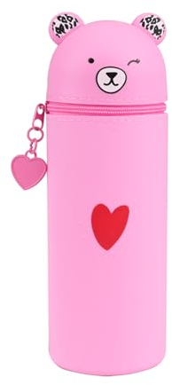 Kawaii Federmäppchen,2 in 1 Mäppchen aus Weichem Silikon,Ständer Schlampermäppchen,Cartoon Stifteköcher für Mädchen Teenager(Rosa)