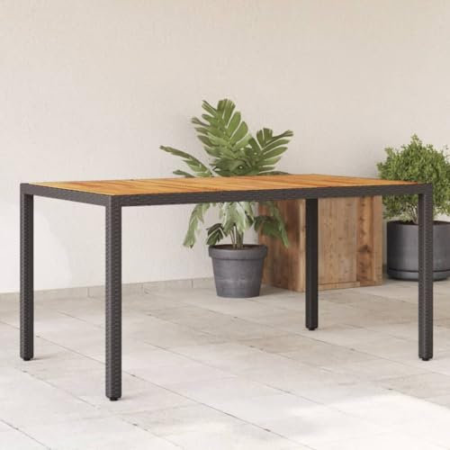 HEFZGDB Gartentisch mit Akazienholz-Platte Schwarz Poly Rattan Campingtisch Gartentisch Balkontisch Geeignet für Gärten, Terrassen, Decks.