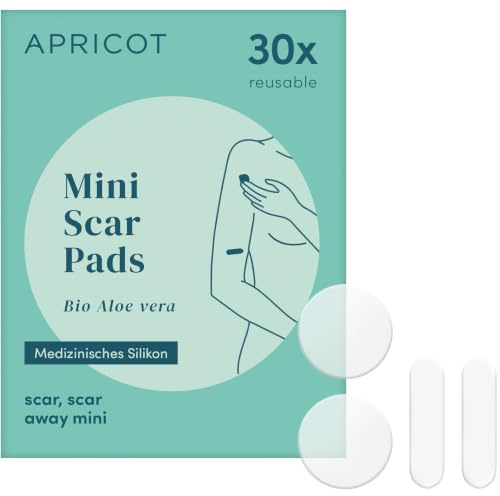 APRICOT Silikon Mini Narben Pad Bio-Aloe Vera aus medizinischem Silicone, enthält vier Pads in 3x3 & 4x1,5 cm - 30x Wiederverwendbar-Silikonpflaster für Narben, Narbenpflaster Silikon, Narbenpflege OP