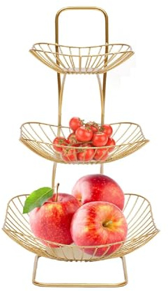 Frutero dorado, cesta de frutas de metal, 3 pisos, cesta decorativa para cocina, salón