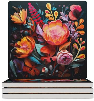 Untersetzer-Set, 4 Stück, bunte Blumen, Getränkeuntersetzer für Couchtisch, saugfähige Keramik-Untersetzer mit Korkboden, quadratische Untersetzer, rutschfest, 9,4 x 9,4 x 0,8 cm