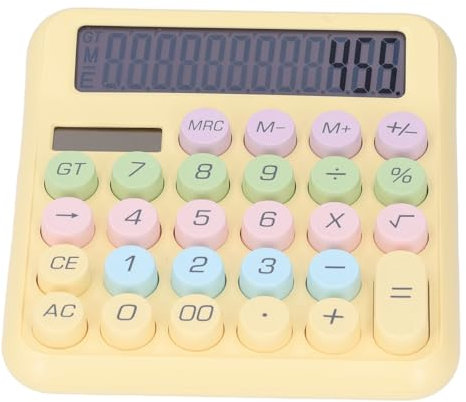 12-stelliger Tischrechner mit 5 Zoll Großem LCD-Display und Runder Großer Taste, Dual-Stromquelle (Solar und Batterie), 28 Tasten, für Büro, Zuhause, Schule (Zitronengelb)