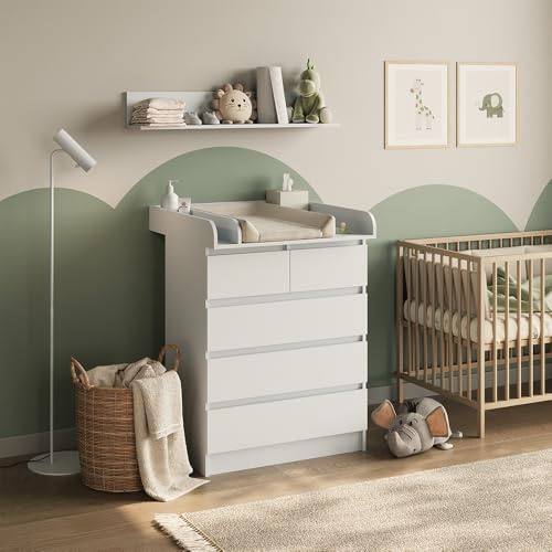 Vicco Wickelkommode Emma, Weiß, 80 x 110.2 cm mit 5 Schubladen, umbaubar zur regulären Kommode für vielseitige Verwendung
