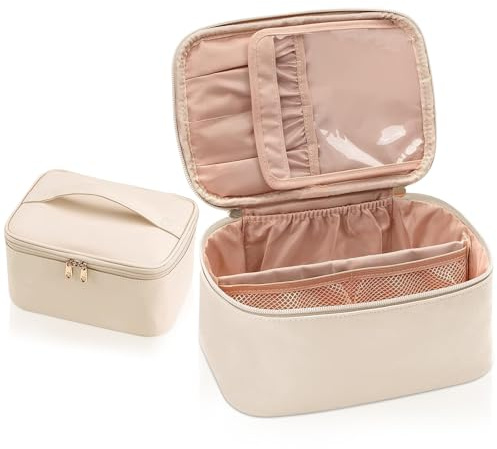 Kosmetiktasche Damen, Reise Schminktasche Groß Make Up Tasche Organizer, Wasserdichter Reise Kosmetiktasche Mit Griff und BüRstenfach Kulturtasche (Beige)