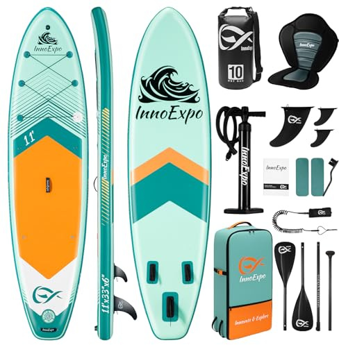 InnoExpo Aufblasbare Stand-Up-Paddle-Boards mit Premium-Zubehör, breites, stabiles SUP-Paddelboard-Design, rutschfestes Komfort-Deck für Jugendliche und Erwachsene (Mint/Kajaksitz,335x83x15cm)