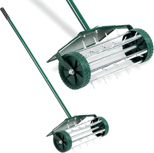 Lawn Aerator - 45 X 122 Cm Manual Grass Spike Roller With Splash Proof Fender, 3-Piece Handle, Quality Pp Wheels, Sharp Steel Spikes To Perforate Any Soil, Lawn Aerator Tool For Outdoor & Garden