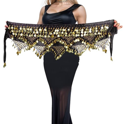 Bauchtanz Hüftschal Schal mit Fransen Tribal Dreieck Quasten Wrap, Münze Pailletten Bund Rock (DE/NL/SE/PL, Numerisch, 38, Regular, Regular, Schwarz)