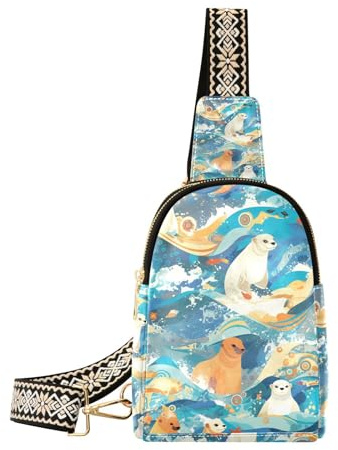 Trendy White Seal Japanese Style Waves sling bag fashion shoulder fanny pack for day pack, white seal Japanese style waves, One Size