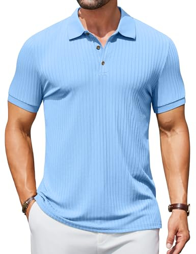 COOFANDY Polotröja, herr, kortärmad, stickad pikétröja, t-shirt med knappar, ribbad sommar, polotröja, stretch, golf, polo, Ljusblå, S