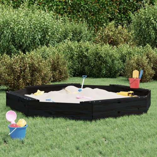Brokky 825020 Sandbox with Seats Black Octagon Solid Wood Pine Wooden Outdoor Sandbox for kids Ages 3-8, Fir Wood Sand Pit for Backyard Garden
