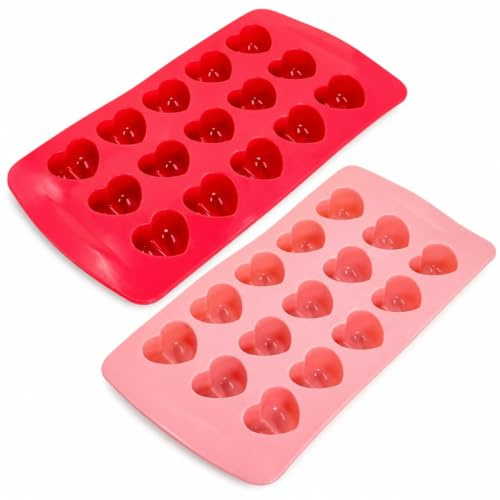 MIJOMA Silikon-Pralinenform Herz – 2er Set Schokoladenform, Pralinenform für DIY-Pralinen, Bonbons & Eiswürfel – Flexibel, Antihaft, Spülmaschinenfest – Rot & Rosa