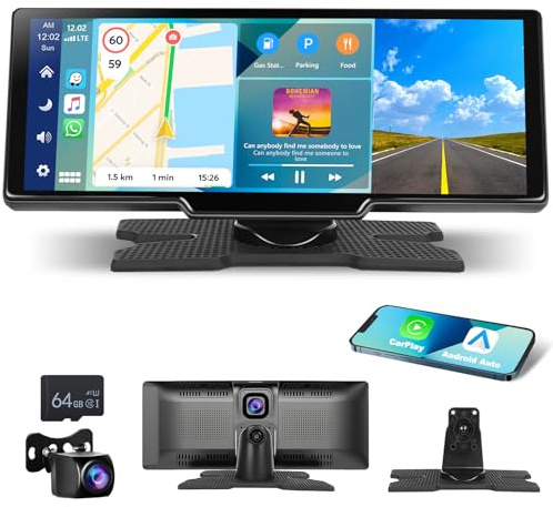 Écran Portable sans Fil 10.26 CarPlay Voiture avec 2,5K Dashcam & 1080P Caméra de Recul, Ecran Carplay MirrorLink, Navigation GPS, Siri G00gle Assistant Vocal, Bluetooth, FM, Aux, 64G TF Carte