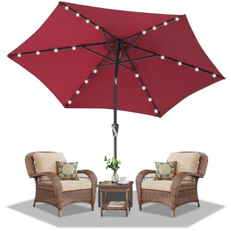 Daromigo Parasol - Diamètre : 270/350 cm - Avec manivelle - Parasol de jardin déporté - Protection solaire UV 50+ - Parasol à manivelle imperméable pour jardin, balcon, sans support, rouge avec LED,