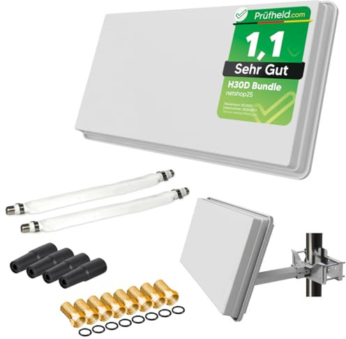 Sat Flachantenne Twin LNB HD Sat Anlage für 2 Teilnehmer kompakte Sat-Antenne mit Fensterhalterung und Zubehör Set - Starke Empfangsleistung für alle Satelliten von netshop 25