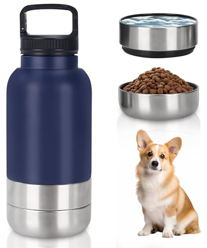 Trinkflasche Hunde für Unterwegs, 1000ml Hundetrinkflasche für Unterwegs, Wasserflasche Hund, Edelstahl Trinkflasche Hund mit Wassernapf und Futternapf, Hundezubehör für Spaziergang, BPA-Frei