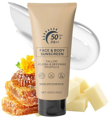 Beef Tallow Sunscreen, Crema Solare per Viso e Corpo, Lozione Solare con Protezione UV, Crema Impermeabile E Idratante, Resistente Al Sudore, Protezione Duratura e Delicata e Non Irritante