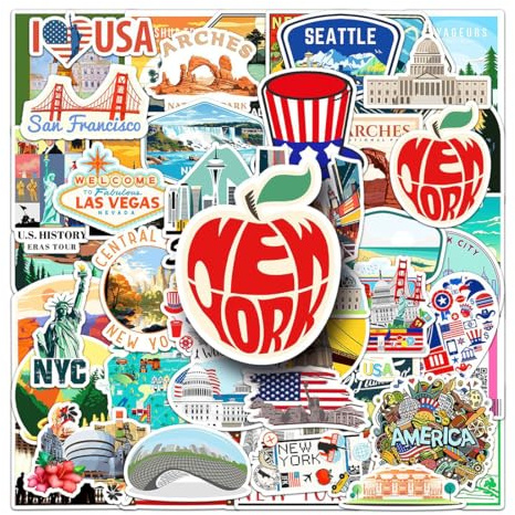 50 Stück USA Aufkleber, Amerika Urlaub Reise Aufkleber, Scrapbooking-Aufkleber, Wasserdichte Koffer Sticker für Scrapbooking, Wasserflasche, Gepäck, Skateboard, Gitarre, Laptop