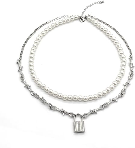 LIANCHEN Collana con lucchetto, Collana con Ciondolo con Lucchetto, Collana di Perle Finte Collane da Uomo per il pendolarismo quotidiano, lo stile di strada, la festa, il regalo (Argento, serratura)