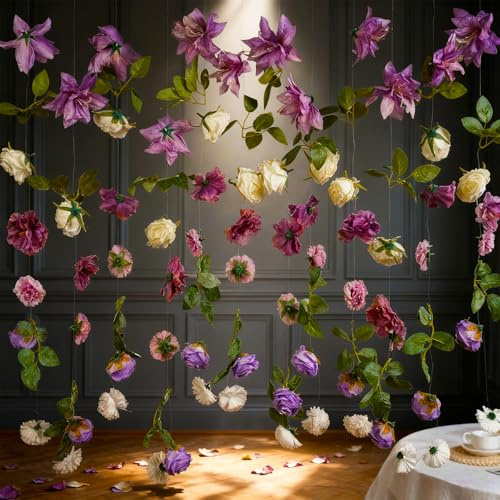 6 Pcs 35.4 ft Flower Garlands with Hooks Spring Artificial Wildflower Hanging Decoration Fake Floral Vines Backdrop Garland Faux Silk Wildflower Decor for Wedding Room Home Garden Wall Arch(Purple)