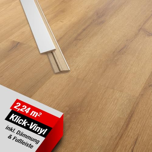 LaminatDEPOT Klick Vinylboden mit Trittschalldämmung & Sockelleiste [2,24 m²] - wasserfester Vinyl Bodenbelag mit Klicksystem - 8 extrabreite Dielen in Holzoptik Eiche [Vancouver Honey]