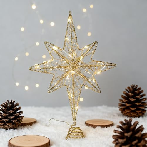 YushengTai Cimier de sapin de Noël étoile 23cm avec éclairage LED - Cimier de sapin de Noël à paillettes doré pour sapin de Noël - Cimier étoile lumineux - Décoration de Noël festive