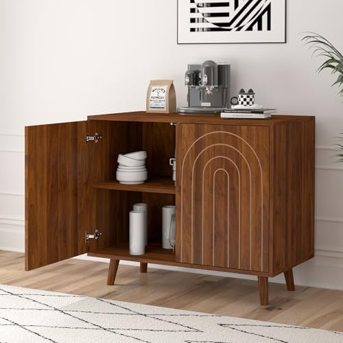 GuannCraft Armario de madera de nogal con puertas estriadas – Organizador de almacenamiento de madera maciza con estantes ajustables, muebles modernos de entrada y pasillo para organizar el hogar