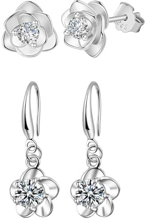 Generiskt Hinvan 2 par blommor örhängen silver 925 örhängen blomma silver droppar örhängen hängande örhängen blommor allergivänliga med zirkonbrosk tragus helix smycken för kvinnor flickor