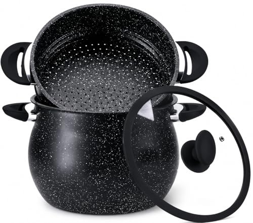 Royal Swiss Cuscoussier Ø30 cm – 14L con tapa de cristal – Revestimiento de piedra antiadherente – Aluminio negro – Todos los fuegos con inducción – Olla de vapor para Couscous & Verduras