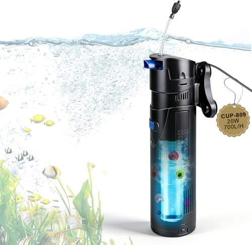 EXLECO 4 in 1 Aquarium 700L/H 20W Filter mit 9W UV Lampe UVC Klärer | Inennfilter, Aquariumfilter für Tank 150-300L, Aquarien Filterpumpe Skimmer Schwammfilter für Aquarien Filtermaterial
