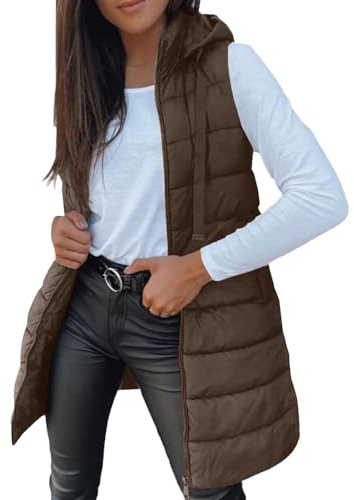 Piumino Smanicato Donna Lungo,Smanicato Donna Invernale con Cappuccio e Tasche Elegante Leggero Gilet Lungo Curvy Caldo Giubbotto Senza Maniche Trapuntato Giacca Imbottita Taglie Forti Autunno Inverno