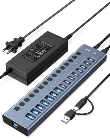 Powered USB 3.2 Hub, ACASIS 16 Ports USB 3.2 Hub(8 USB-A 3.2 Ports+8 USB-C 3.2 Ports), Aluminum USB Hub Powered with 96W Power Adapter, USB Hub for PC/Laptop, Computer, Flash Drive, Printer, Camera