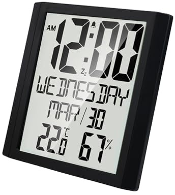 Orologio da parete digitale con monitor di temperatura e umidità, data, settimana, sveglia, stazione meteo per casa e ufficio, grande display, nero