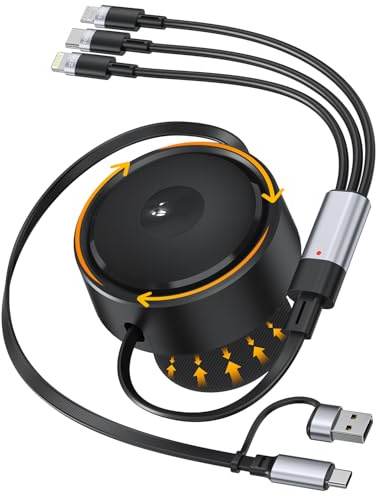Multi Charger Cable, 100W 6-in-1 Retractable USB C Charging Cable, 360° Rotatable Type C/Lightn-ing/Micro Multi Charging Cable for iPhone, iPad, Android, Galaxy, Note - Portable, 1.6M/5A, Black