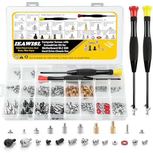 168PCS Computer Screw Kit, PC Motherboard Standoff Assortment Set with Magnetic Screwdrivers, Multi-Size Fasteners for Laptop, Hard Drive, M.2 SSD, and Case Fan Repair