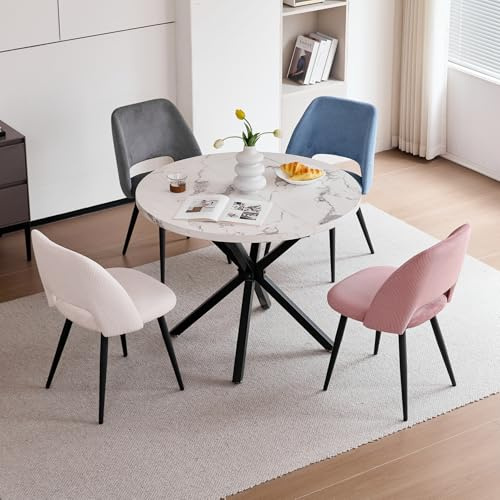 JZGORC Set Tavolo da Pranzo e Sedie, Tavolo da Pranzo Rotondo in MDF da 100 CM, 4 Sedie da Cucina in Velluto a Coste con Schienale Cavo, per Soggiorno, Cucina (Motivo Marmoreo-BK+Combinazione 1)