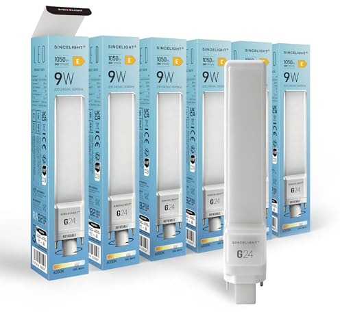SINCELIGHT Lampadina LED PL da 9W, Base G24 a 2 Pin, 1050 Lumen, Testa Girevole a 180° per Installazione a Innesto, Lampada a Tubo Orizzontale, 6000K Bianco Freddo, Confezione da 6 pezzi.