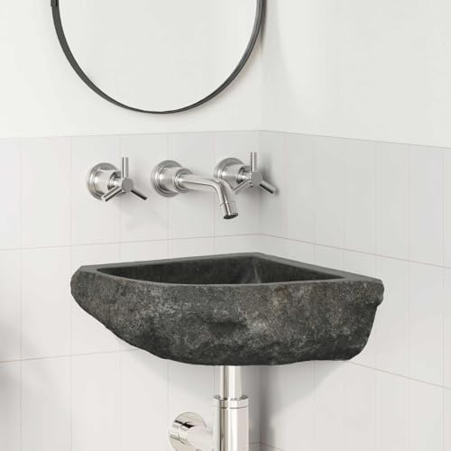 Runheo Lavabo grigio pietra di fiume, 37 x 37 x 12 cm, da appendere alla parete, rettangolare, per bagno degli ospiti, WC con accessori di montaggio e struttura in pietra resistente, per interni ed