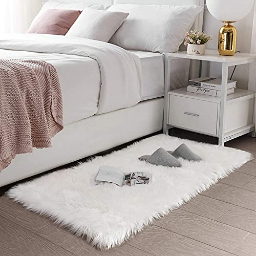 HLZDH Faux Lammskinn Matta Lyxig Mjuk Konstgjord Ull Matta För Vardagsrum Sovrum Badrum Soffa Stol Kudde (Rektangulär Vit, 150 X 50 cm)