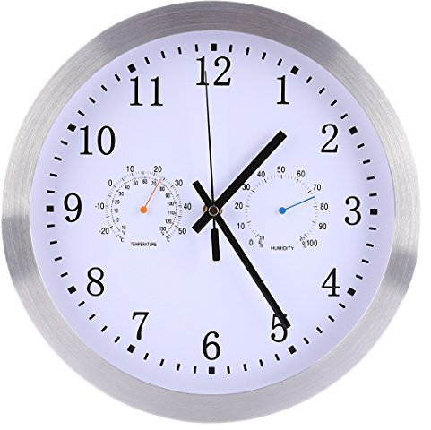 Seciie Radio-Controlled Wall Clock, 30 cm Radio-Controlled Wall Clock Quartz Radio-Controlled Clock Silent with Thermometer and Hygrometer for Bedroom Living Room Kitchen