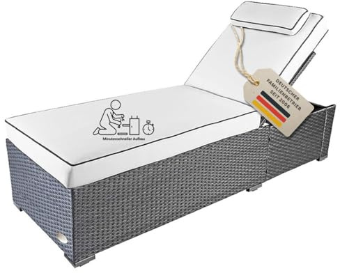 RS Trade Sonnenliege Gartenliege wetterfest extra hoch auch für Senioren – Polyrattan Outdoor mit Rollen, stabil & belastbar bis 200kg, XXL für Garten Terrasse Balkon, grau Rattan, mit Heller Auflage