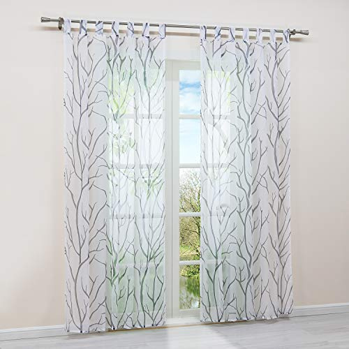 HongYa Gardine Transparent aus Voile mit Schlaufen und Zweigmuster | Weiß-Grau, H/B 245/140 cm, 1 Stück, lichtdurchlässig, pflegeleicht, weich fallend, für Wohnzimmer und Schlafzimmer